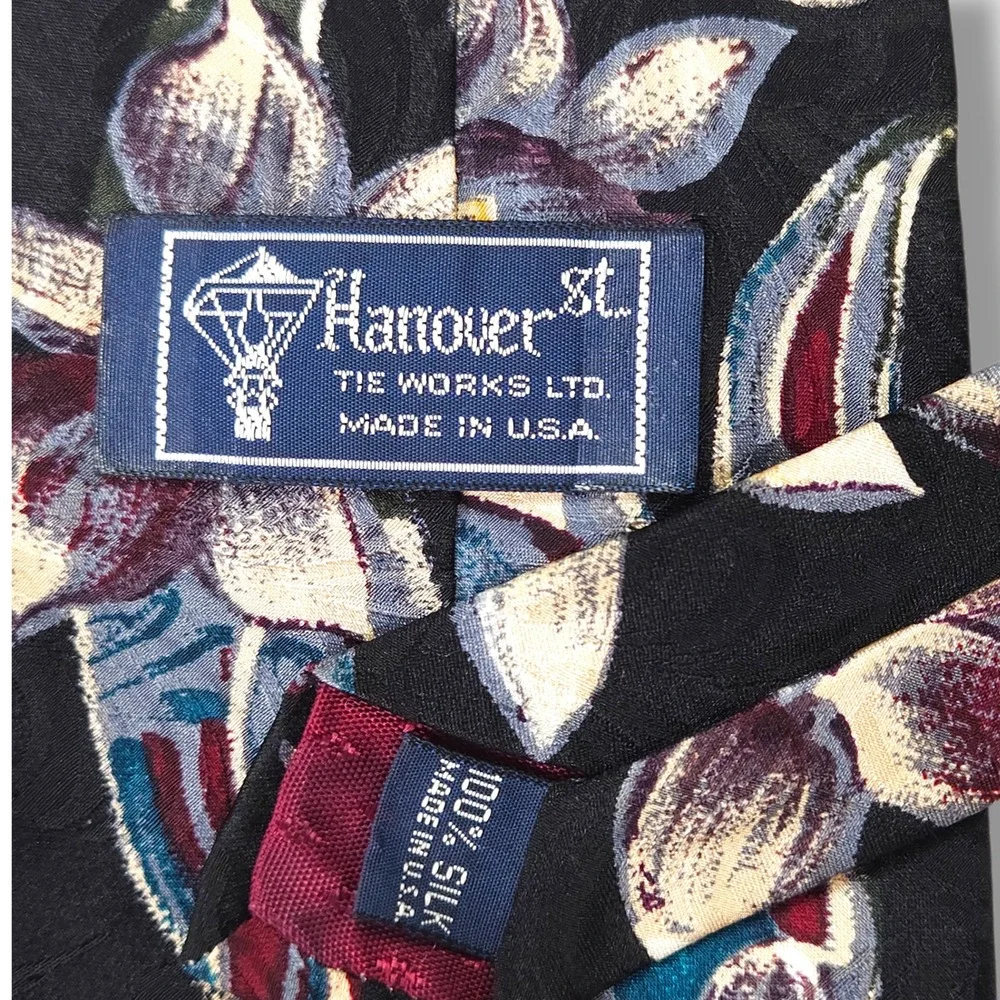 Vintage Hanover St USA Silk Necktie Wide Floral Paisley Black Burgundy Teal OS
